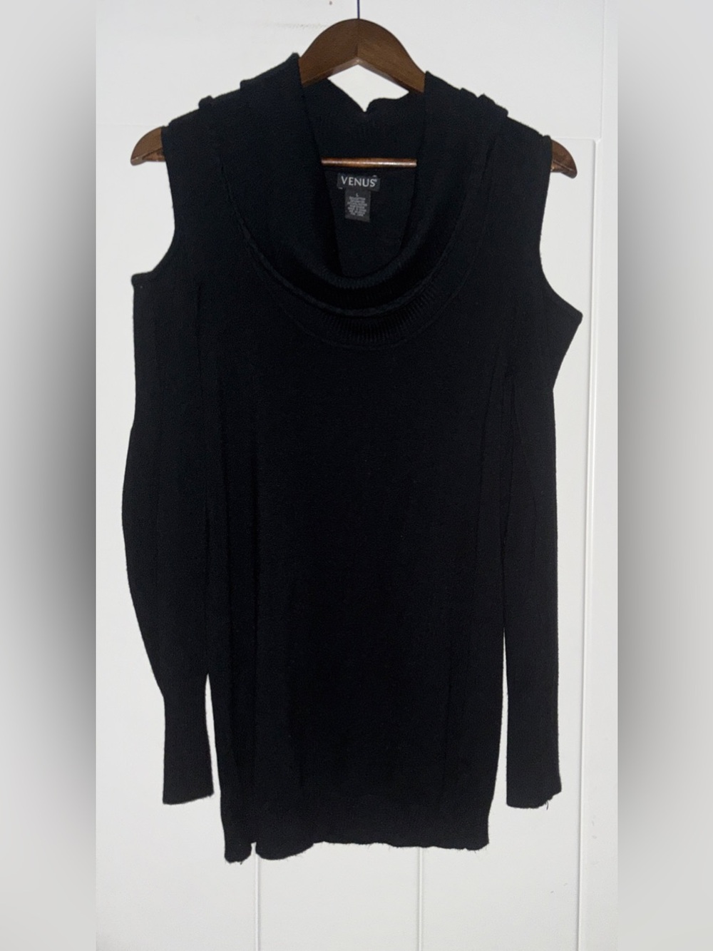 Venus Cowl Neck Cold Shoulder Rib Knit Fitted Sweater Women L Goth Edgy Winter